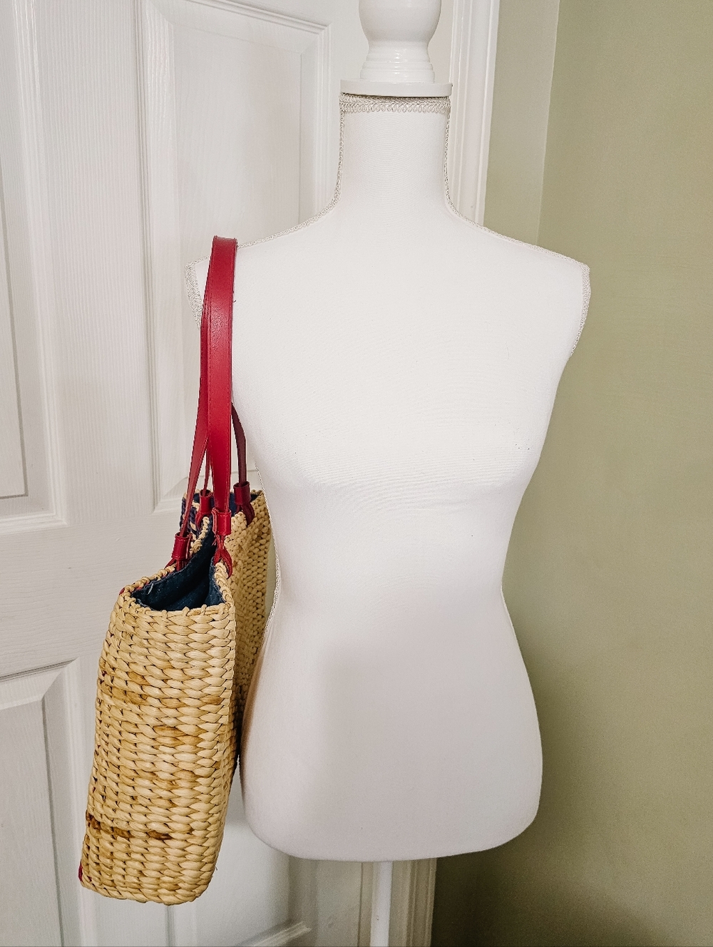 American Flag Straw Tote Bag Woven Patriotic Red White Blue Summer Beach Market - Picture 2 of 9